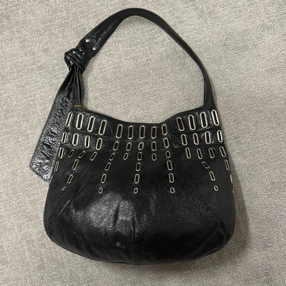 Jimmy Choo Black Leather Shoulder Bag with Metallic Embellishments